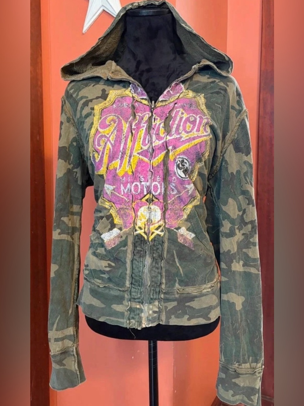 Affliction Vintage Reversible Camo/lace Zip Hoodie Jacket in Green